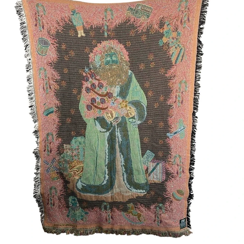 Vintage Goodwin Weavers Santa Claus Woven Cotton Throw Blanket Christmas Fringe‎